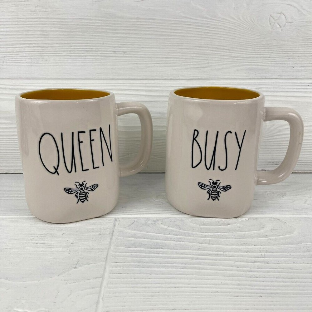 Lot of 2 Rae Dunn Mugs w/ Yellow Interior Large Letter - BUSY BEE & QUEEN BEE